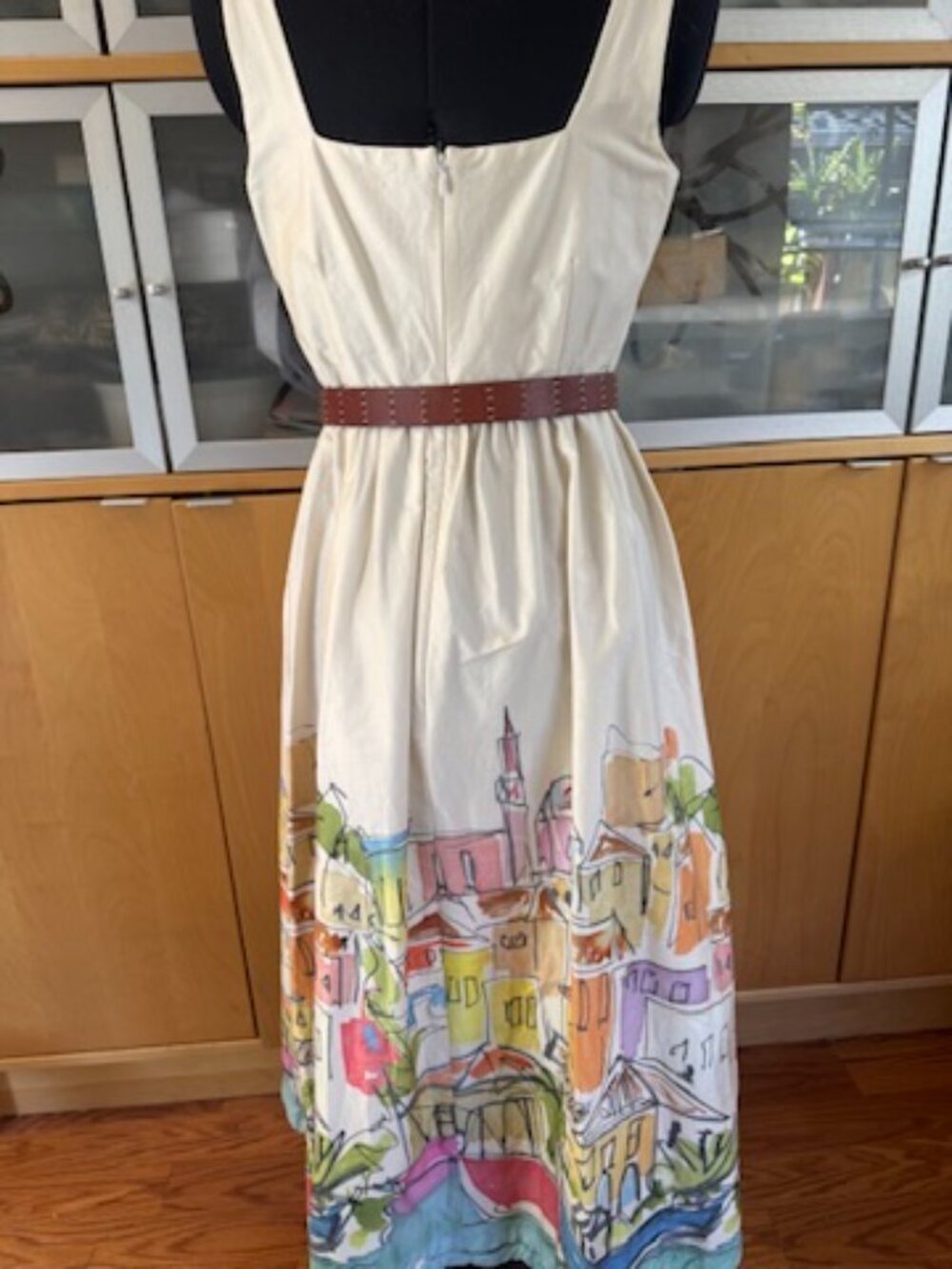Boden Scenic Print Midi Dress Size 6R Cream Cotton Sleeveless Italy/Venice Lands - Picture 3 of 9